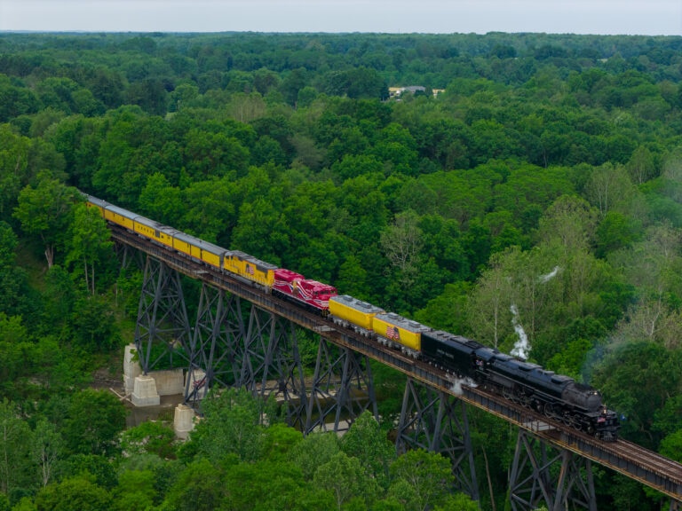 UP 4014 Big Boy 4-8-8-4 leads NS 061 east over Elk Creek Viaduct near Girard, PA